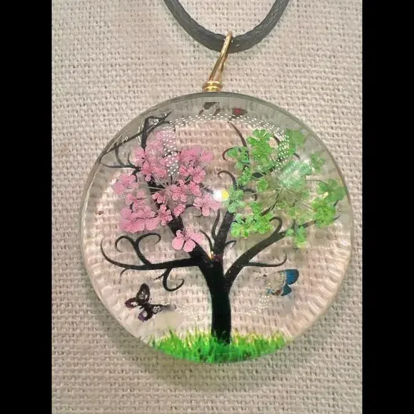 Beautiful Botanical Tree and Butterflies Pendant Necklace - Picture 2 of 11